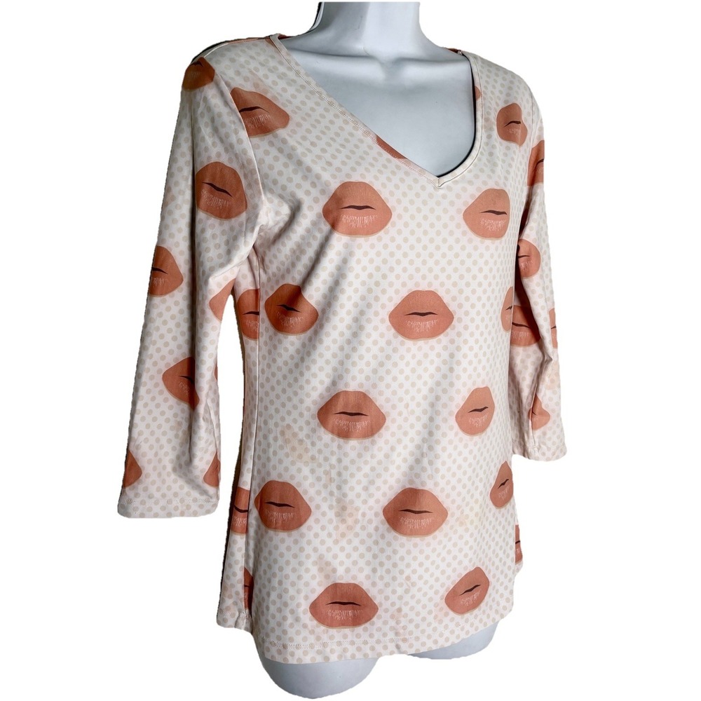 Michelle Parisou Lip Kiss Polka Dot V-Neck Top 3/4 Sleeve Ever-Dry M Resortwear